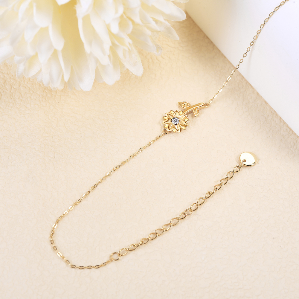 10K Gold Cubic Zirconia Sunflower Charm Bracelet-4