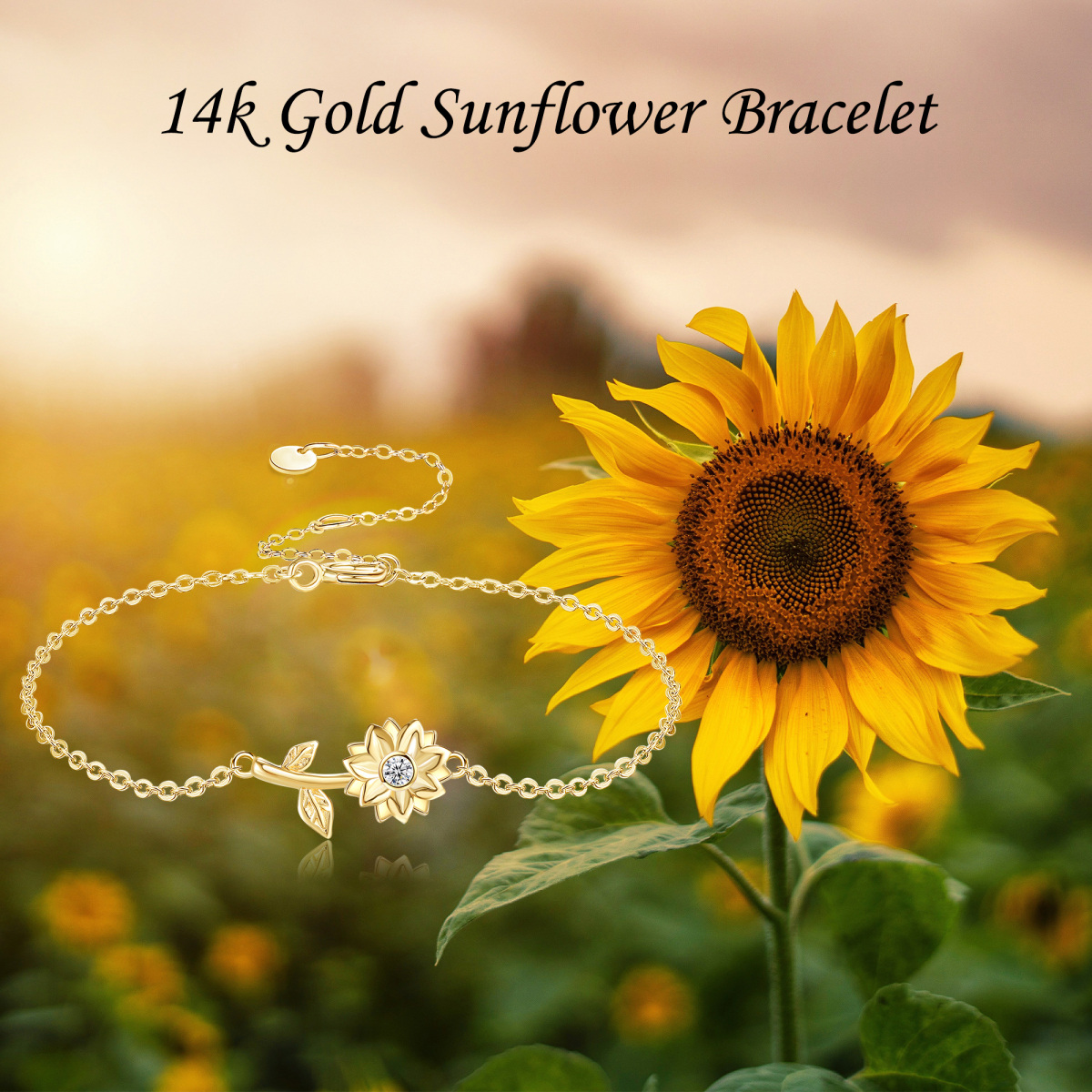 Bracciale con ciondolo a forma di girasole con zirconia cubica in oro 14K-5