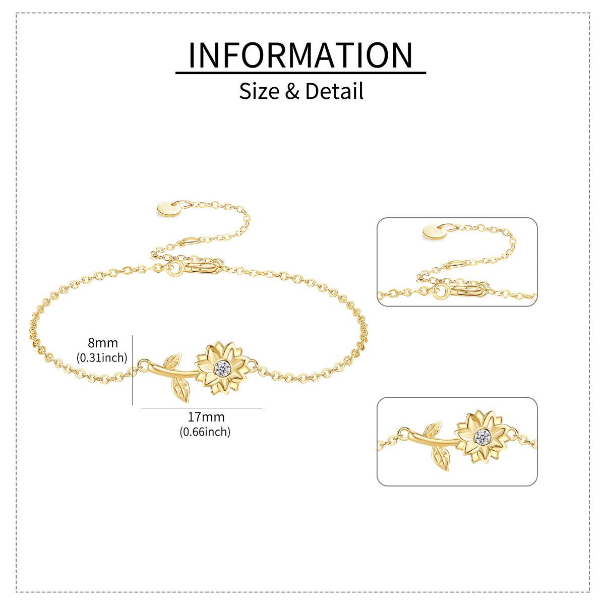 Bracelet en or 14K avec pendentif tournesol en zircon cubique-6