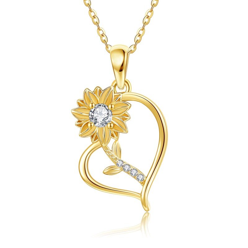 14K Gold Cubic Zirconia Sunflower Pendant Necklace-13