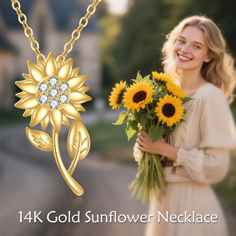 Collar colgante de girasol de oro de 14 quilates con zirconia cúbica-5