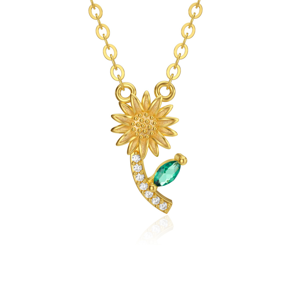 10K Gold Cubic Zirconia Sunflower Pendant Necklace-1
