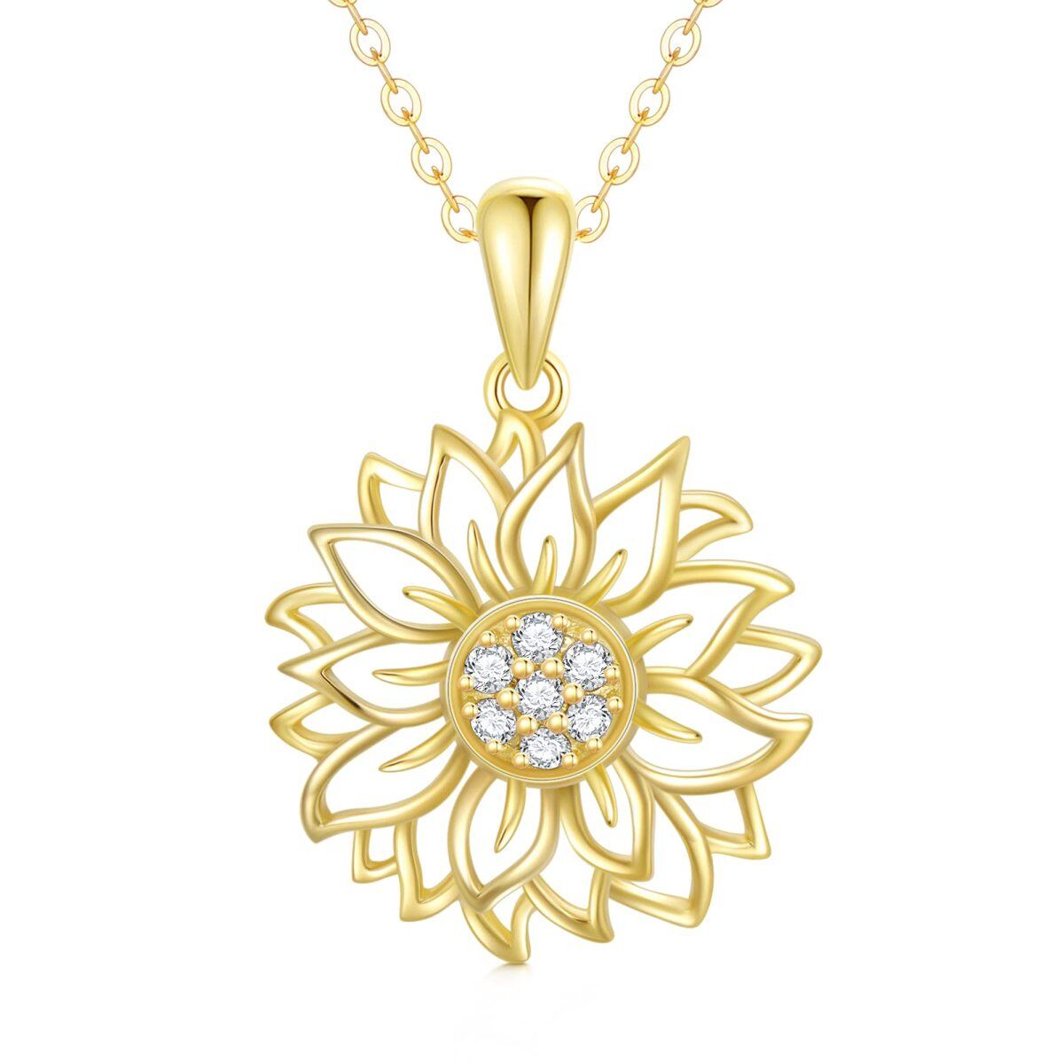 14K Gold Cubic Zirconia Sunflower Pendant Necklace-1