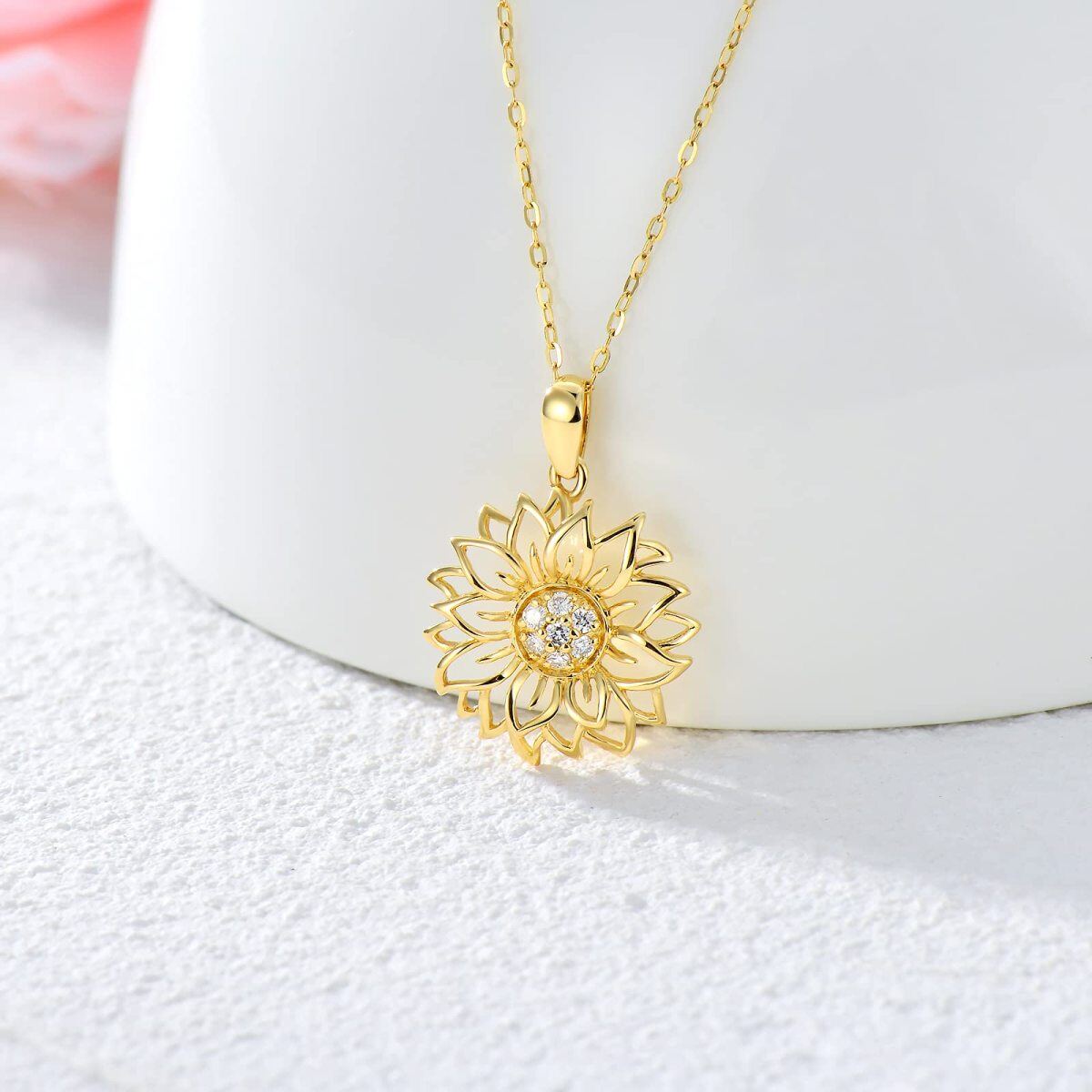 14K Gold Cubic Zirconia Sunflower Pendant Necklace-3