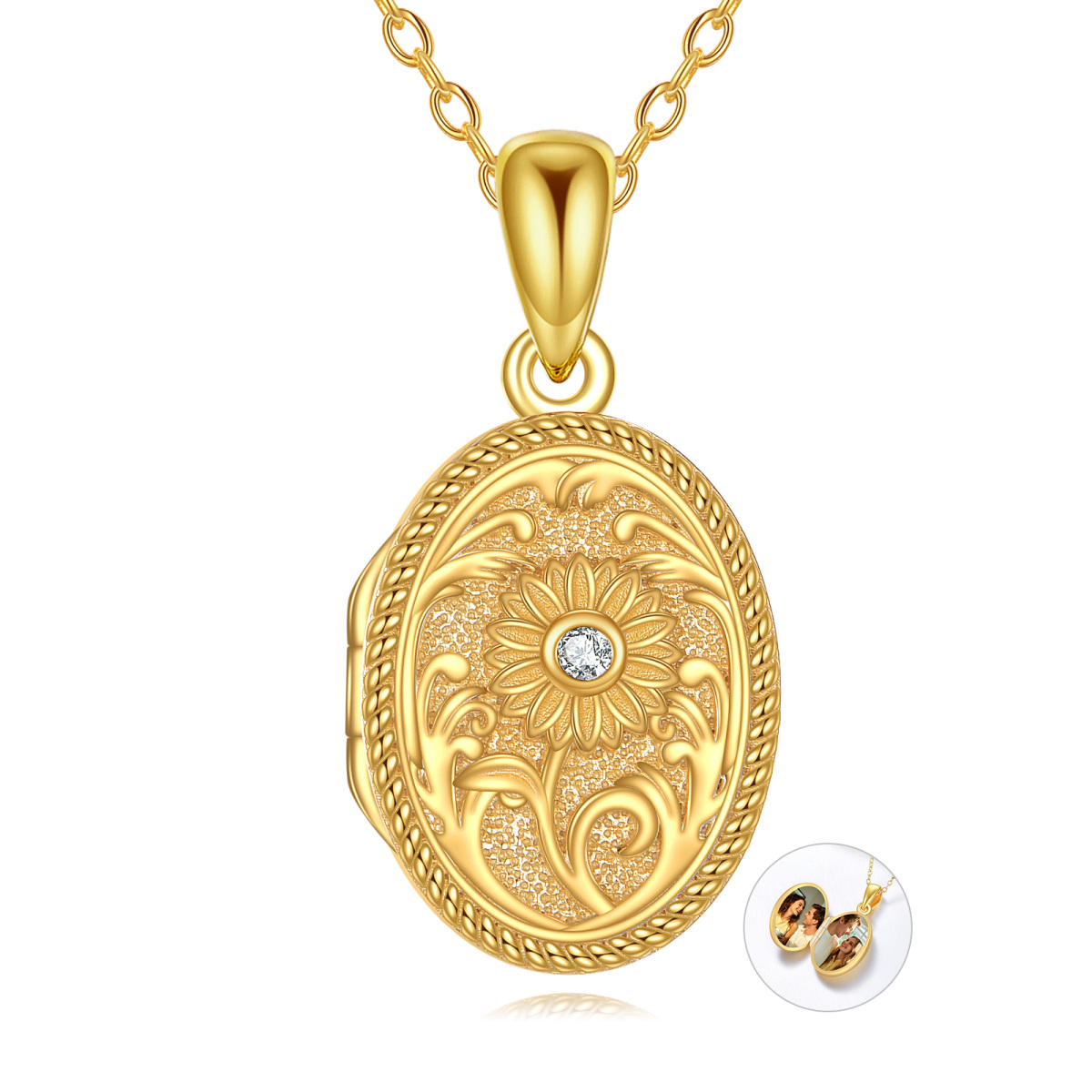 Collana con ciondolo fotografico personalizzato con girasole e zirconi cubici in oro 14K-1