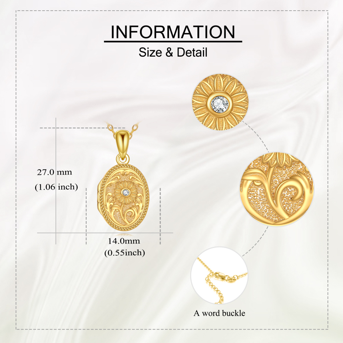 Collana con ciondolo fotografico personalizzato con girasole e zirconi cubici in oro 14K-4