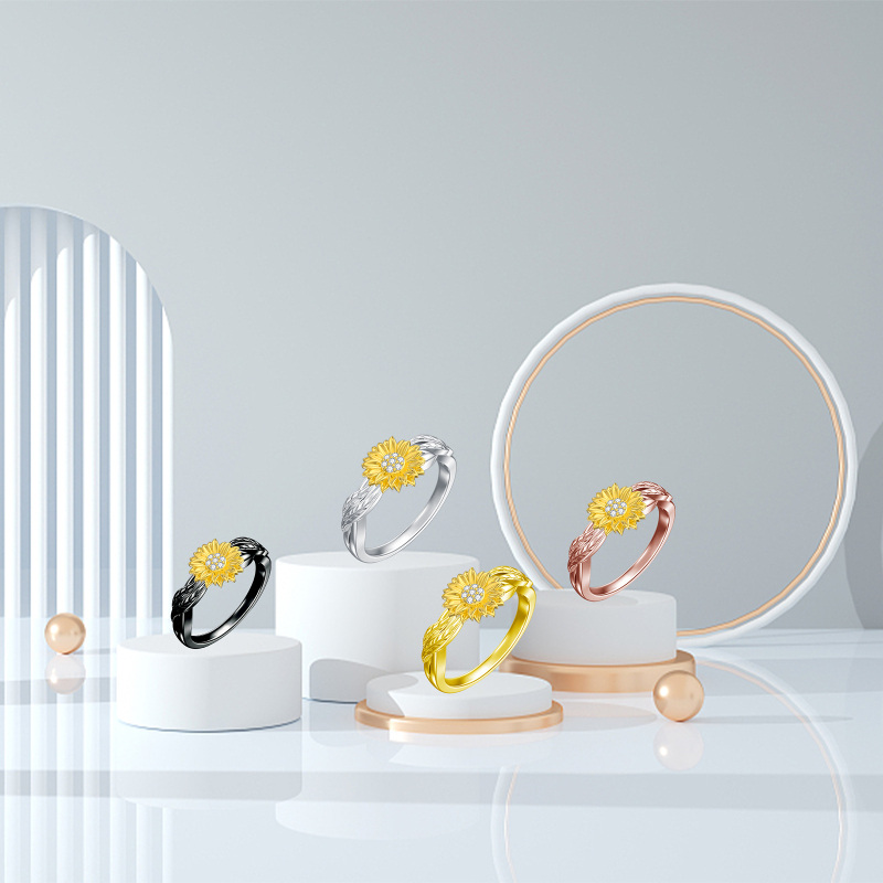 Anel de girassol com zircônia cúbica em ouro 14K-3