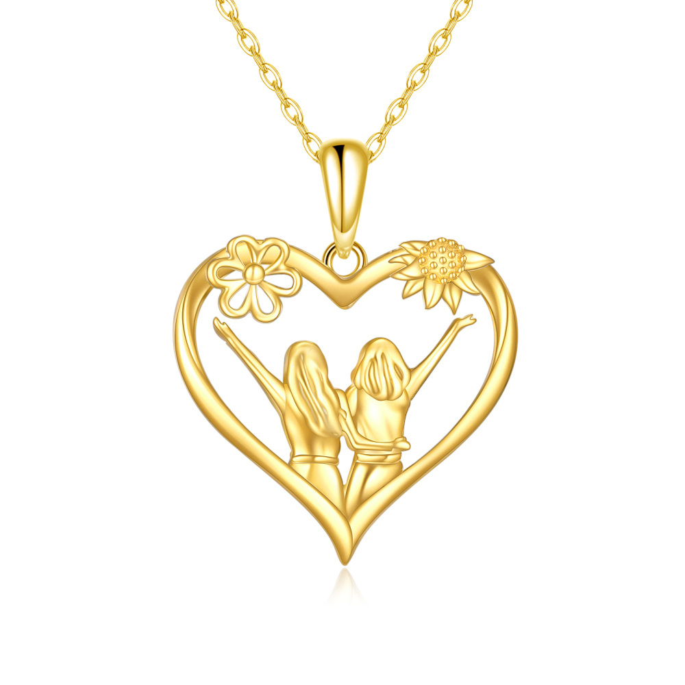 10K Gold Sunflower & Sisters & Heart Pendant Necklace-1