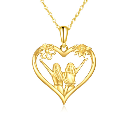 10K Gold Sunflower & Sisters & Heart Pendant Necklace