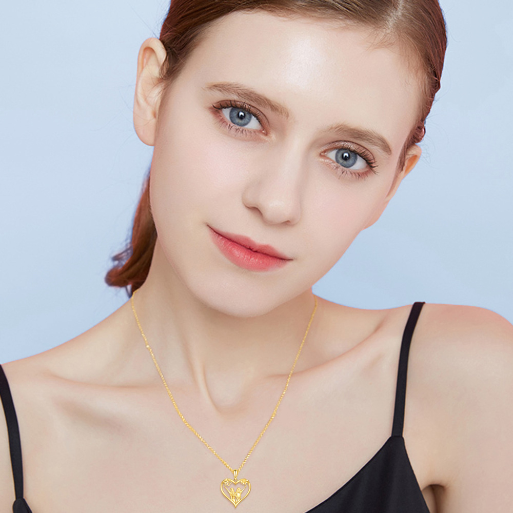 10K Gold Sunflower & Sisters & Heart Pendant Necklace-2