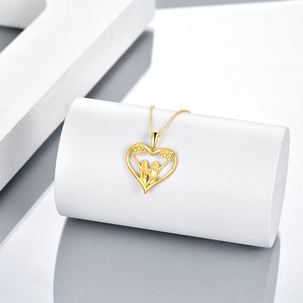 10K Gold Sunflower & Sisters & Heart Pendant Necklace-3