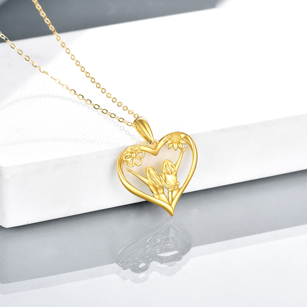 10K Gold Sunflower & Sisters & Heart Pendant Necklace-4