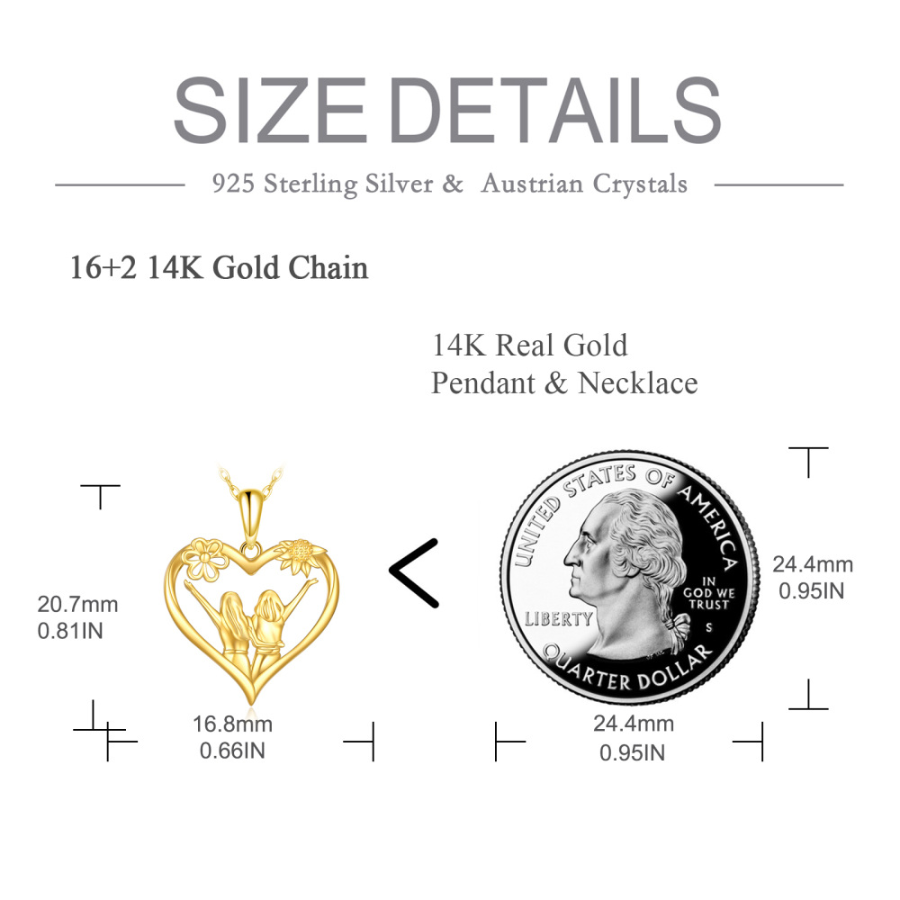 10K Gold Sunflower & Sisters & Heart Pendant Necklace-5