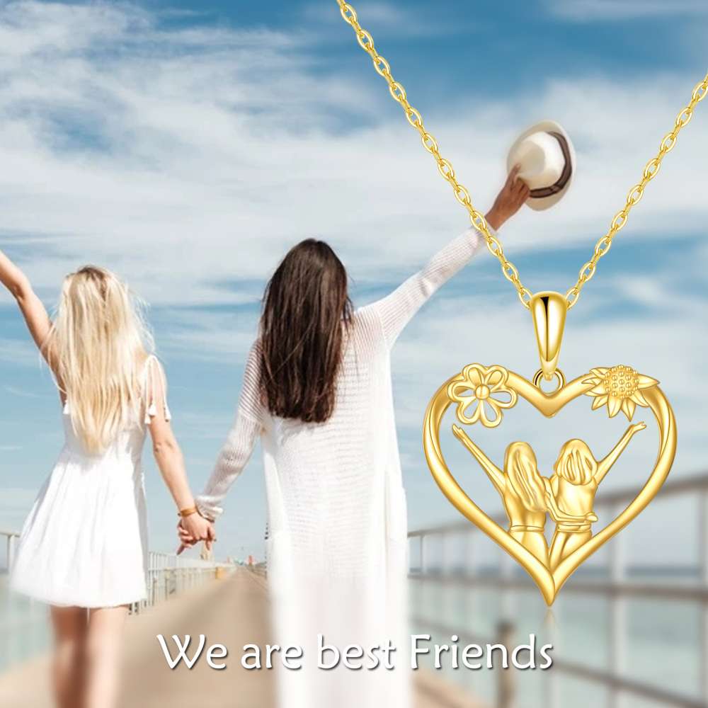 10K Gold Sunflower & Sisters & Heart Pendant Necklace-6