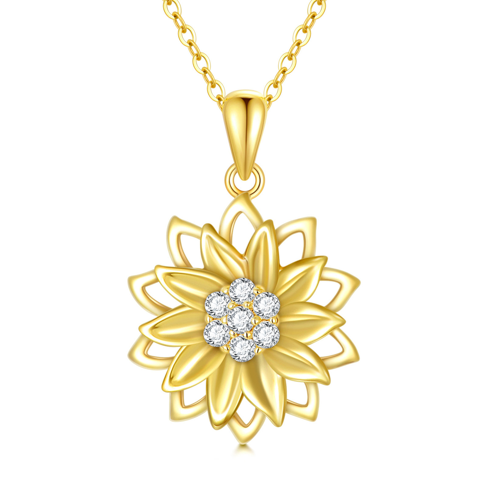 Image of 14K Gold Cubic Zirconia Sunflower Spinner Pendant Necklace