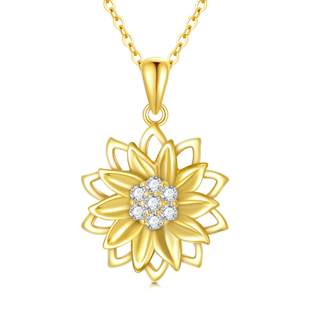 10K Gold Cubic Zirconia Sunflower Spinner Pendant Necklace-1