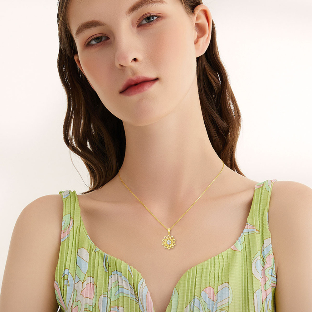10K Gold Cubic Zirconia Sunflower Spinner Pendant Necklace-2