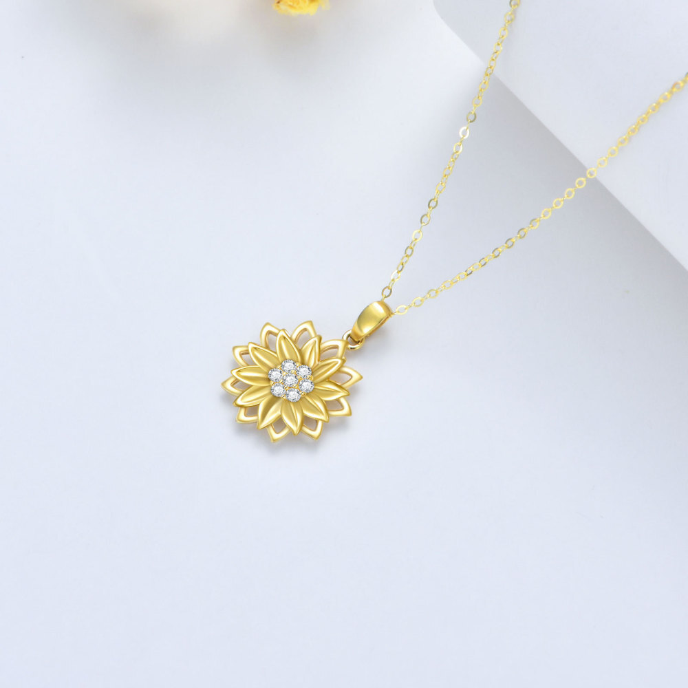 10K Gold Cubic Zirconia Sunflower Spinner Pendant Necklace-3