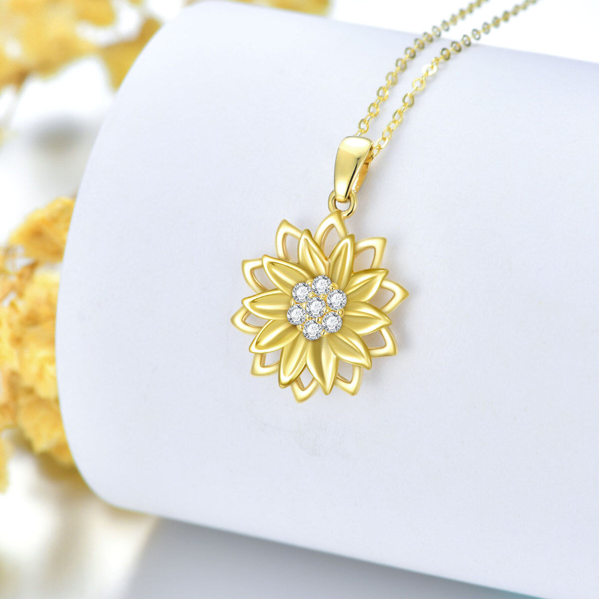 14K Gold Cubic Zirconia Sunflower Spinner Pendant Necklace-4