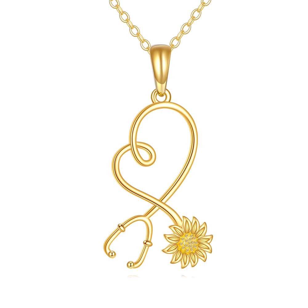 Collana con ciondolo stetoscopio girasole in oro 10K-1