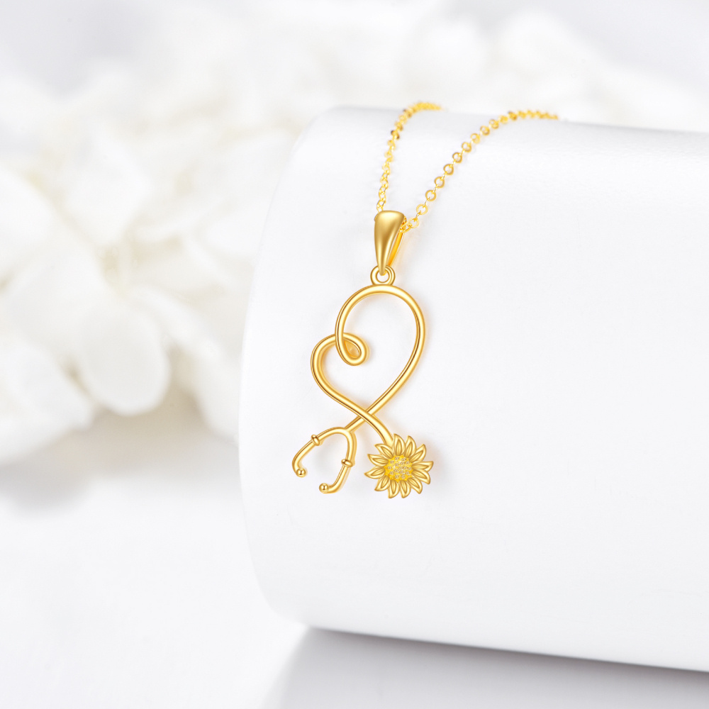 Collana con ciondolo stetoscopio girasole in oro 10K-3