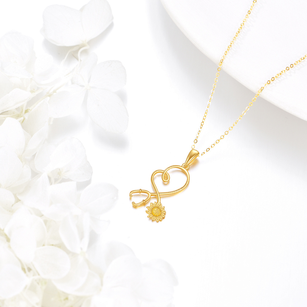 Collana con ciondolo stetoscopio girasole in oro 10K-4