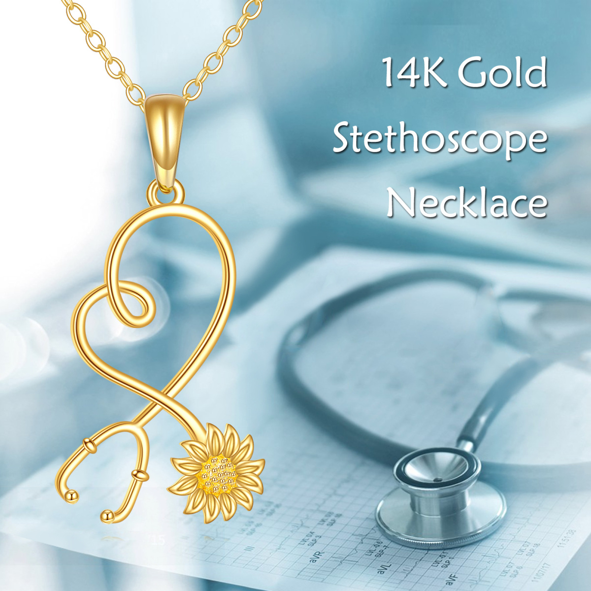 18K Gold Sunflower & Stethoscope Pendant Necklace-6