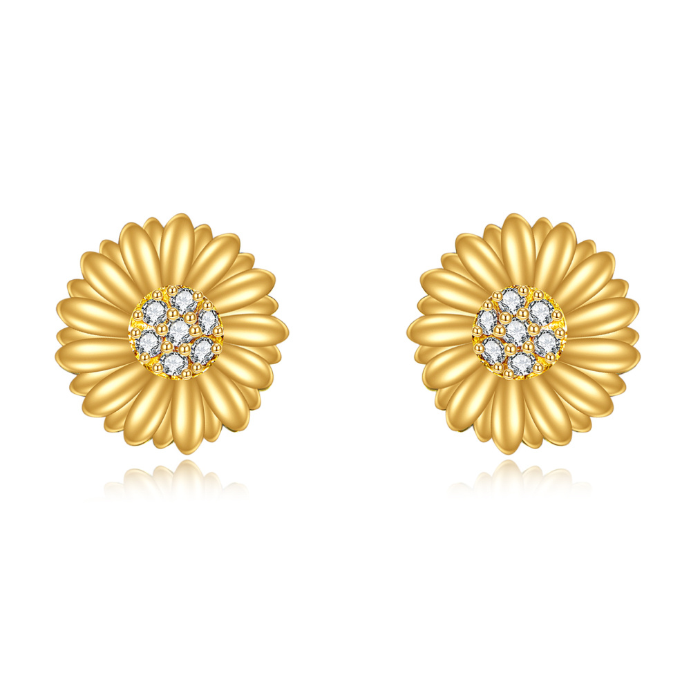 10K Gold Cubic Zirconia Sunflower Stud Earrings-1