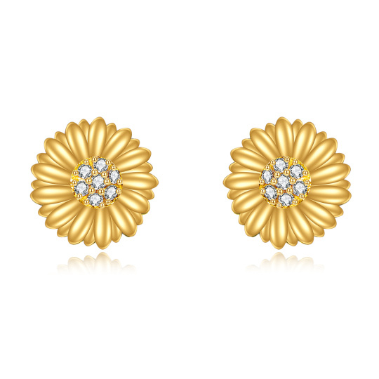 14K Gold Cubic Zirconia Sunflower Stud Earrings