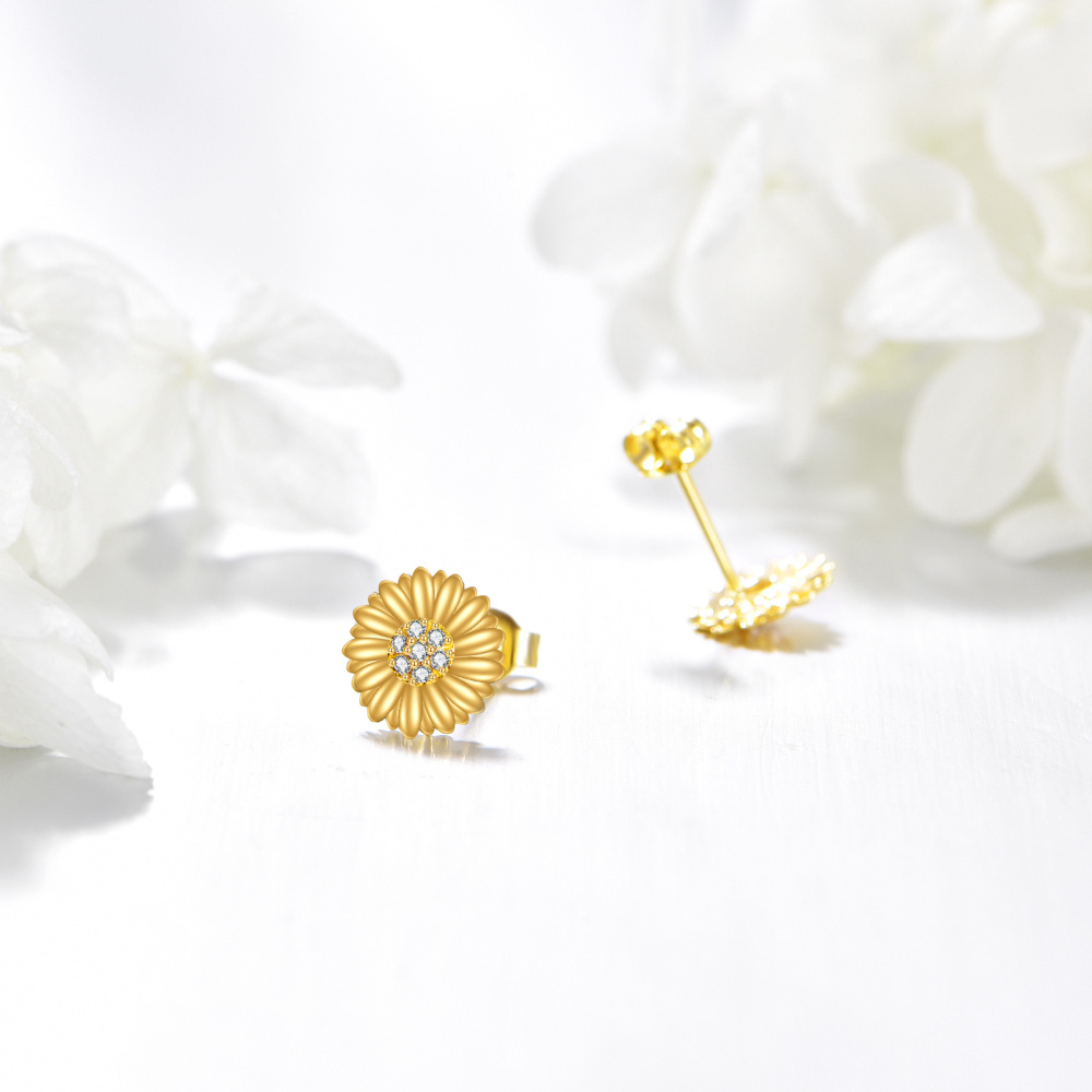 10K Gold Cubic Zirconia Sunflower Stud Earrings-3