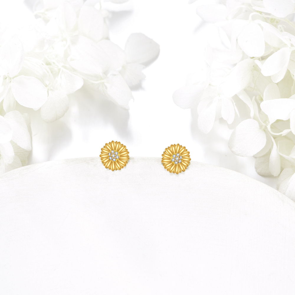 10K Gold Cubic Zirconia Sunflower Stud Earrings-4