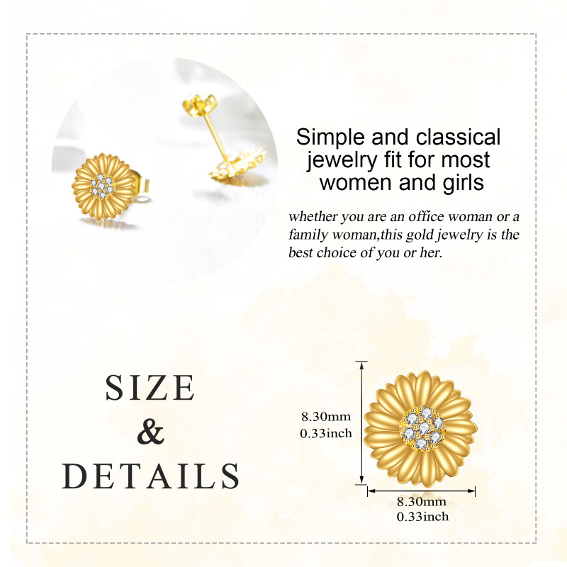 أقراط مرصعة بأحجار الزركونيا المكعبة على شكل دوار الشمس من الذهب عيار 10 قيراط-5