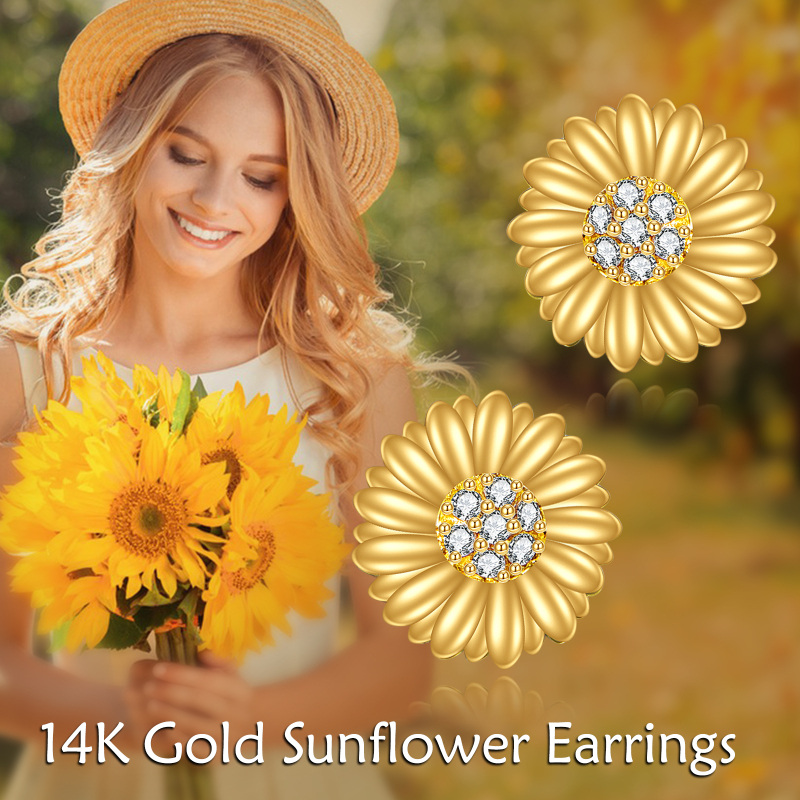 أقراط مرصعة بأحجار الزركونيا المكعبة على شكل دوار الشمس من الذهب عيار 10 قيراط-6