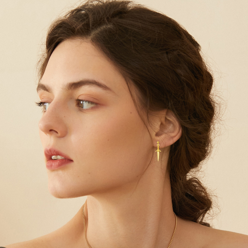 14K Gold Sword Drop Earrings-3