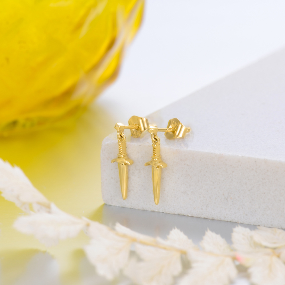 10K Gold Sword Drop Earrings-4
