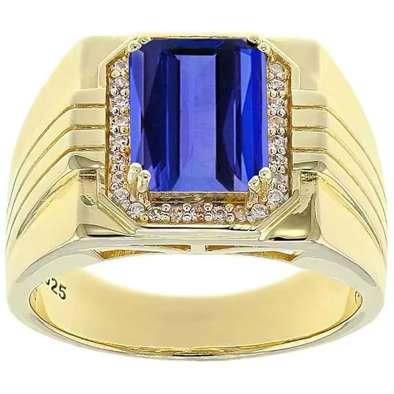 14K Gold Tanzanite with Diamonds Halo Emerald Cut Custom Engagement Ring for Men-1