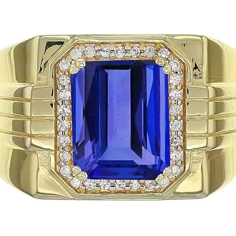 14K Gold Tanzanite with Diamonds Halo Emerald Cut Custom Engagement Ring for Men-2