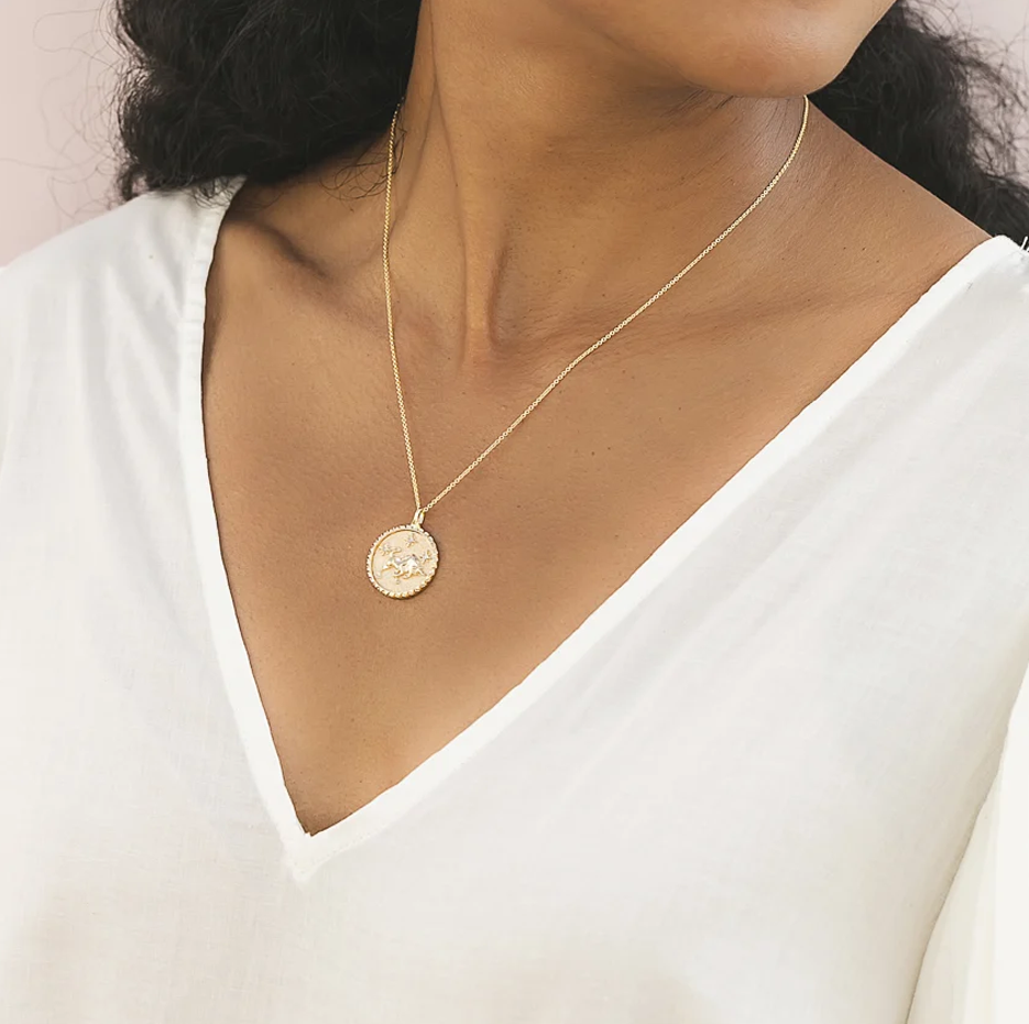 14K Gold Taurus Zodiac Sign Diamond Medallion Pendant Necklace-3