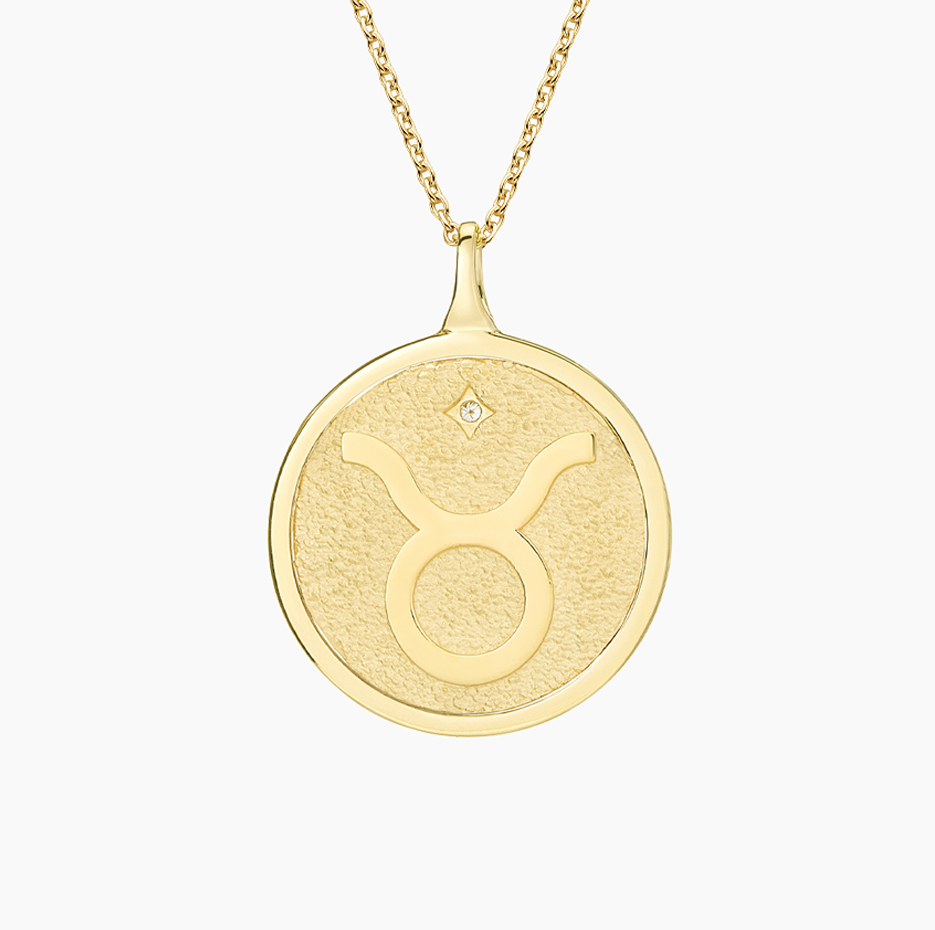 14K Gold Taurus Zodiac Sign Diamond Medallion Pendant Necklace-4