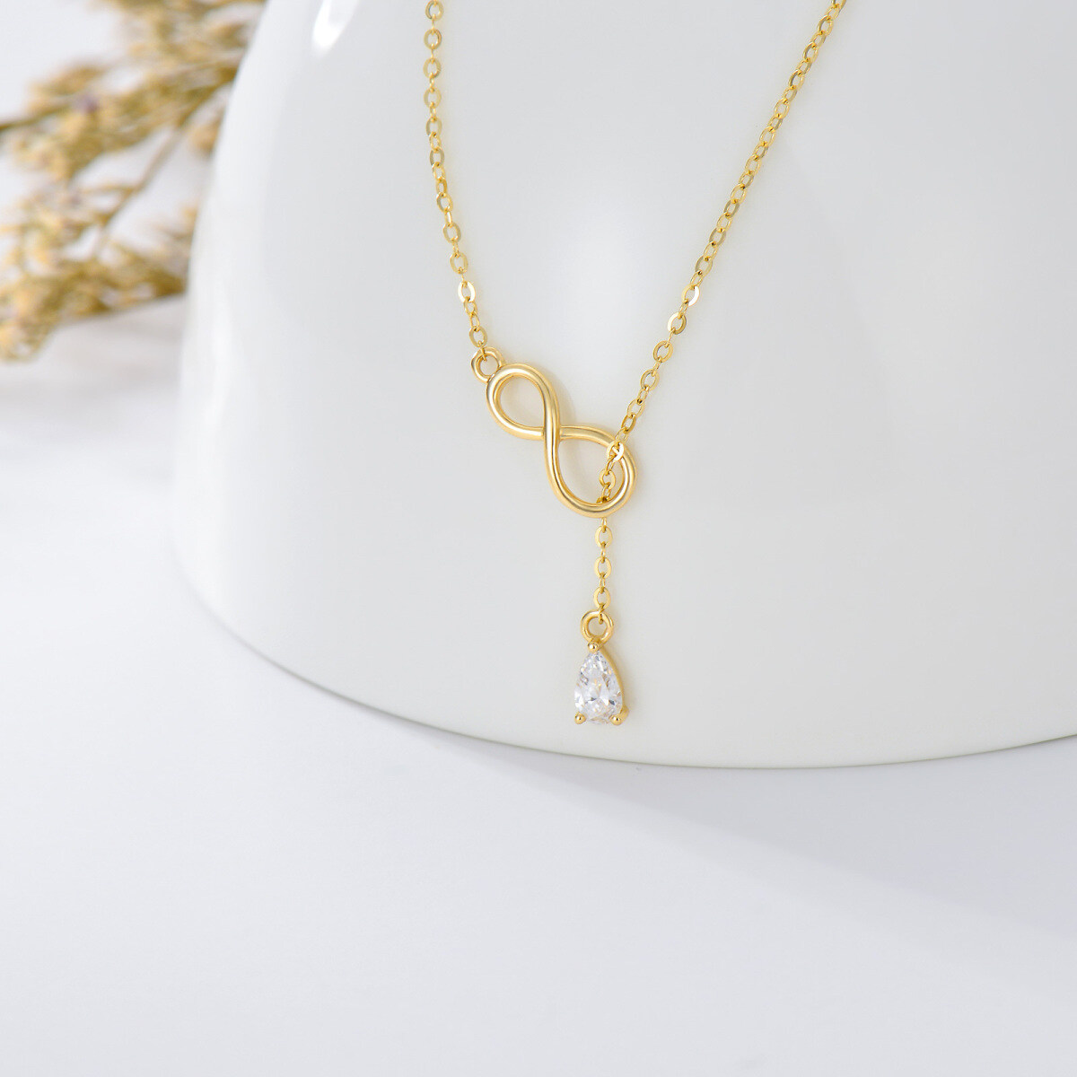 18K Gold Teardrop/Pear-shaped Cubic Zirconia Infinity Symbol Non-adjustable Y-Necklace-3