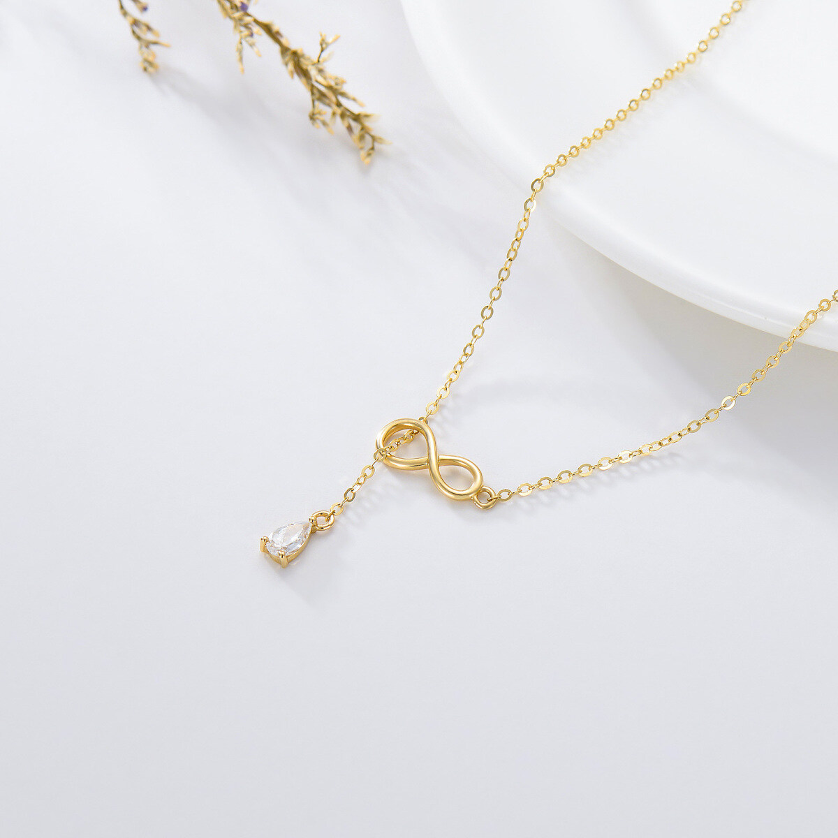 Collana a Y non regolabile con simbolo dell'infinito in zirconia cubica a forma di goccia/pera in oro 14K-4