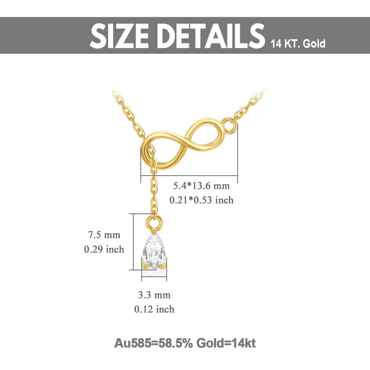 Collana a Y non regolabile con simbolo dell'infinito in zirconia cubica a forma di goccia/pera in oro 14K-6