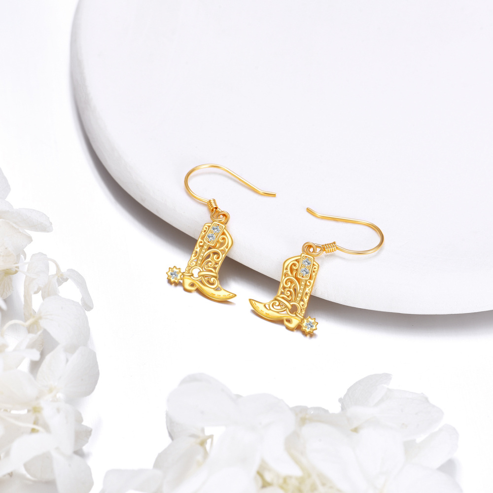 9K Gold Cubic Zirconia Texas Boots Drop Earrings-3