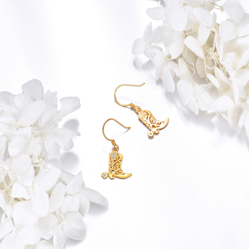9K Gold Cubic Zirconia Texas Boots Drop Earrings-4