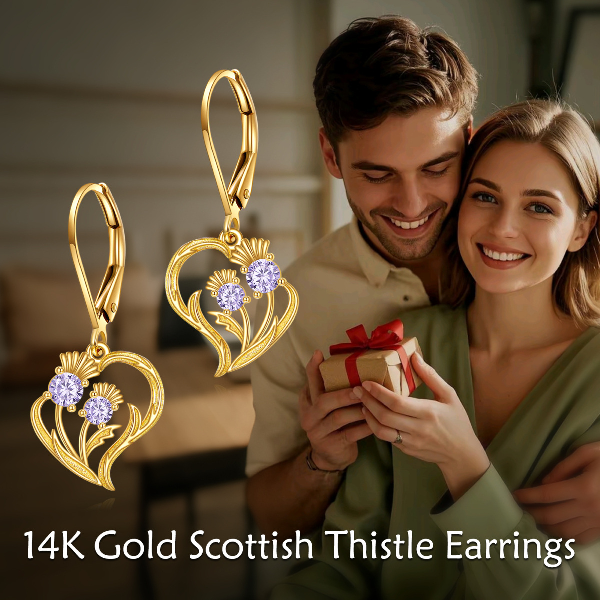 14K Gold Cubic Zirconia Thistle Drop Earrings-6