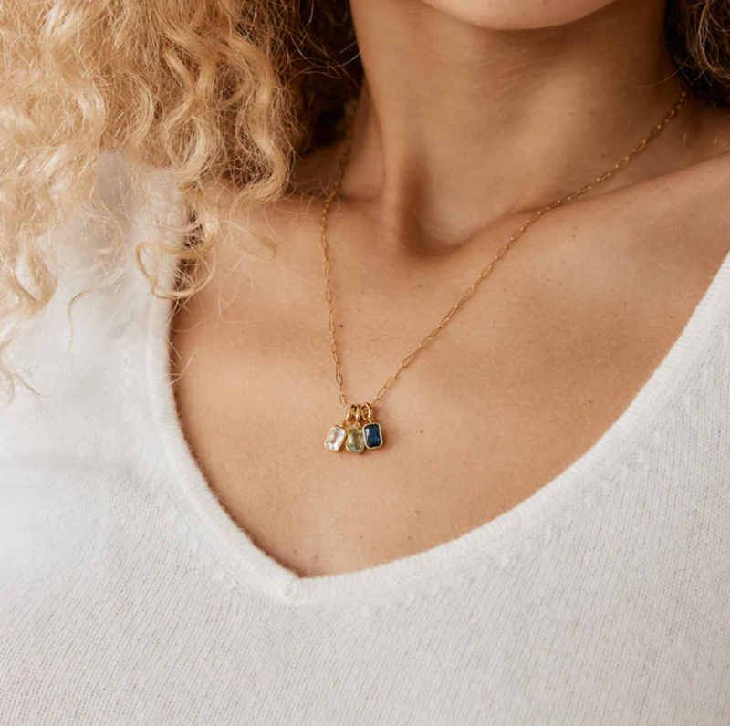 Sterling Silver with Yellow Gold Plated Three Birthstone Paper Clip Chain Necklace-2