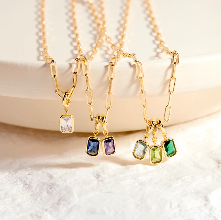 14K Gold Three Birthstone Paper Clip Chain Necklace-3