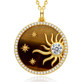 Sterling Silver with Yellow Gold Plated Cubic Zirconia & Tiger's Eye Star & Sun Pendant Necklace-3