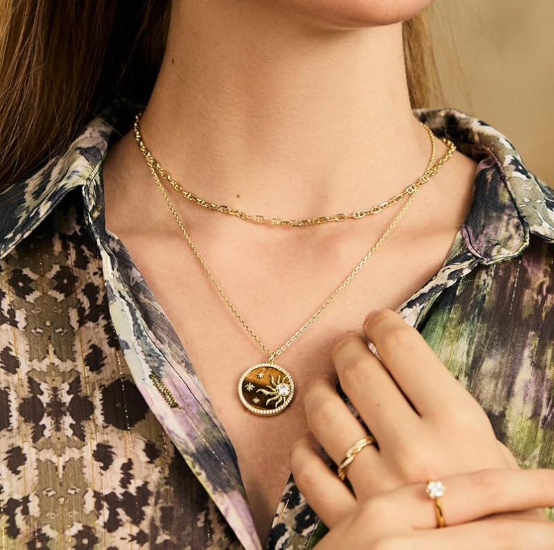 Sterling Silver with Yellow Gold Plated Cubic Zirconia & Tiger's Eye Star & Sun Pendant Necklace-2