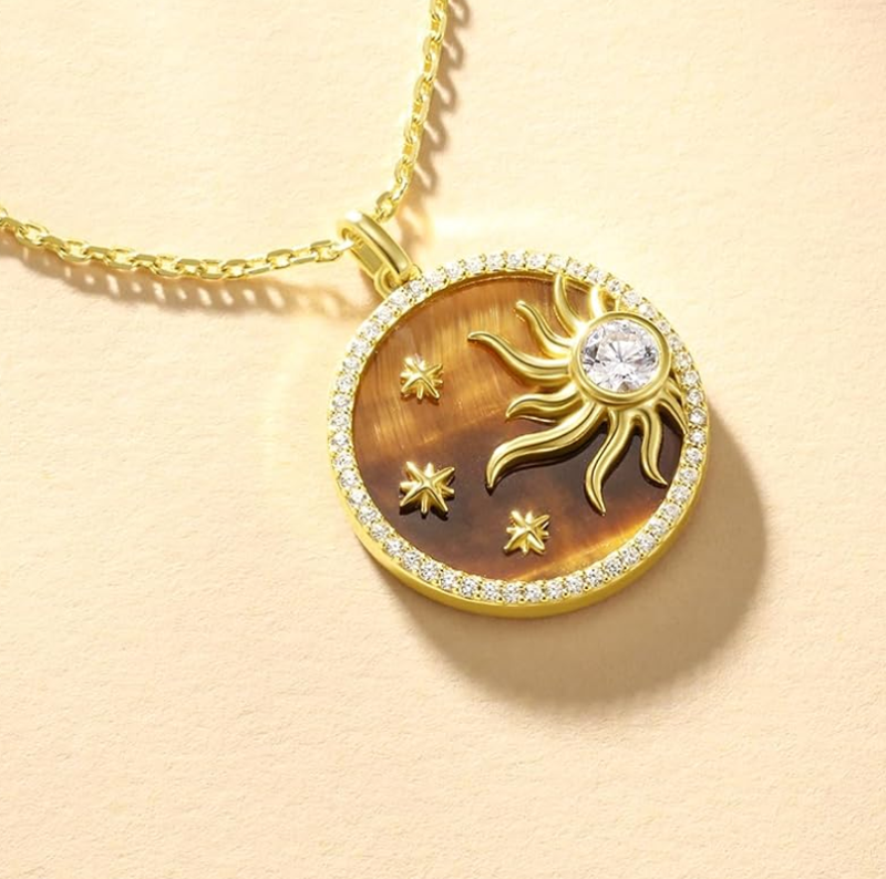 Sterling Silver with Yellow Gold Plated Cubic Zirconia & Tiger's Eye Star & Sun Pendant Necklace-3